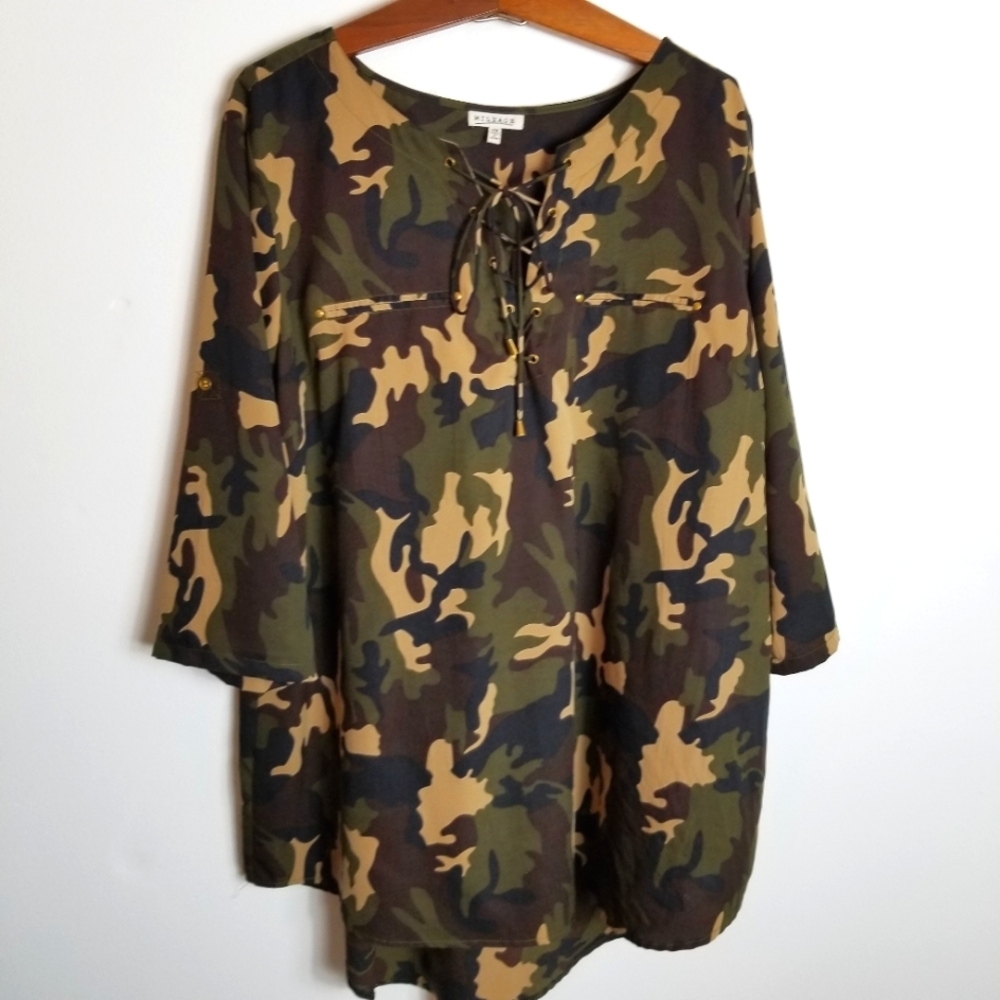 Mileage Camo Semi Lace-Up Hi-Lo Tunic Top